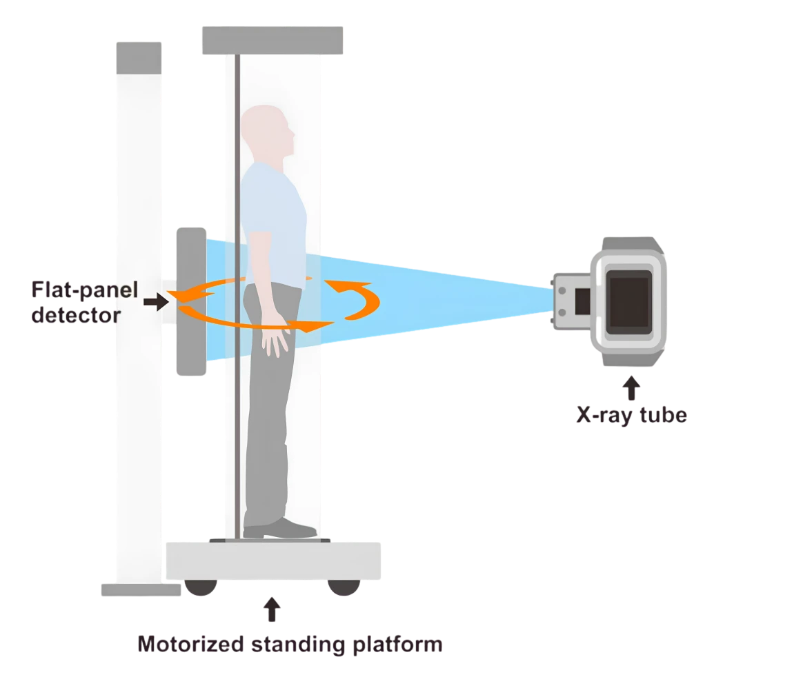 WR-3D standing cone-beam acquisition diagram with flat-panel detector, X-ray tube and motorized standing platform