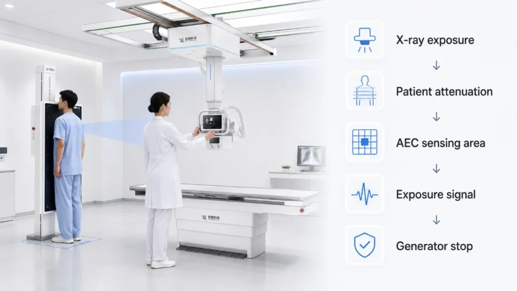 DR system AEC workflow showing X-ray exposure, patient attenuation, sensing area, signal, and generator stop control.