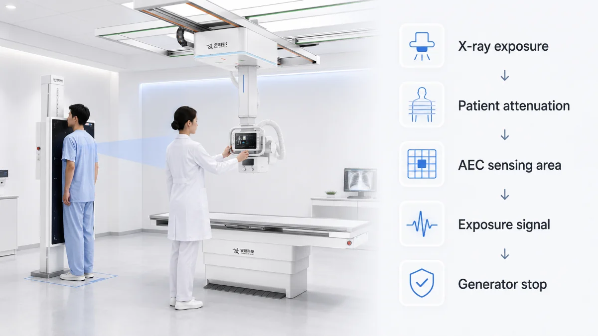 DR system AEC workflow showing X-ray exposure, patient attenuation, sensing area, signal, and generator stop control.