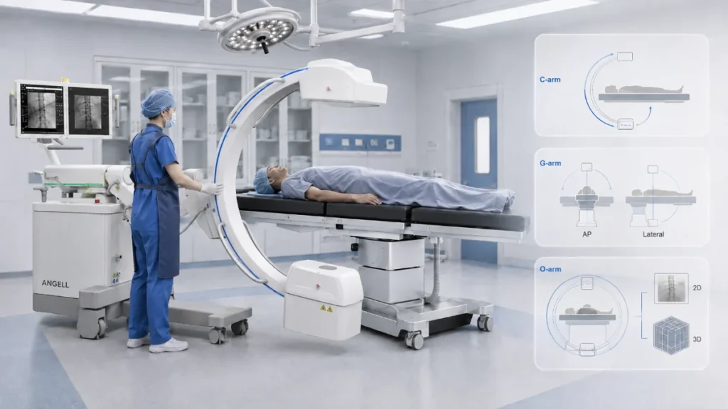 Angell HUA II mobile C-arm in an operating room with diagrams comparing C-arm, G-arm, and O-arm medical imaging workflows.