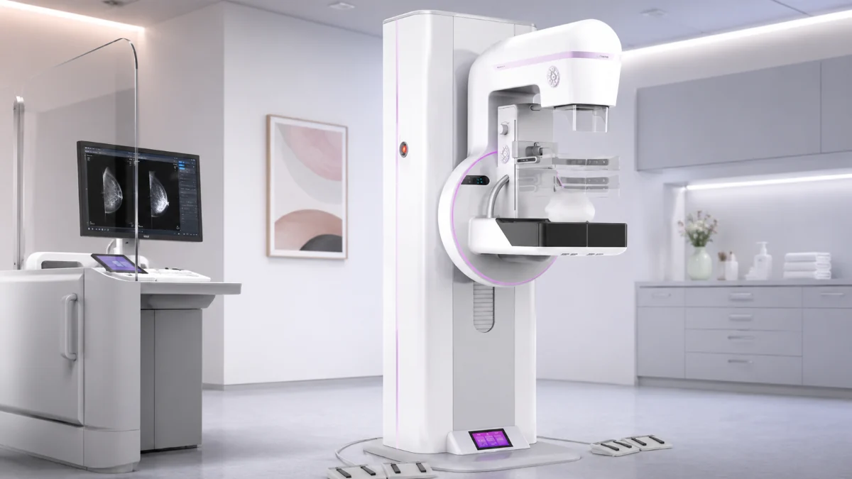 Digital mammography system in a breast imaging room with compression paddle, operator console, and AEC-guided exam workflow.