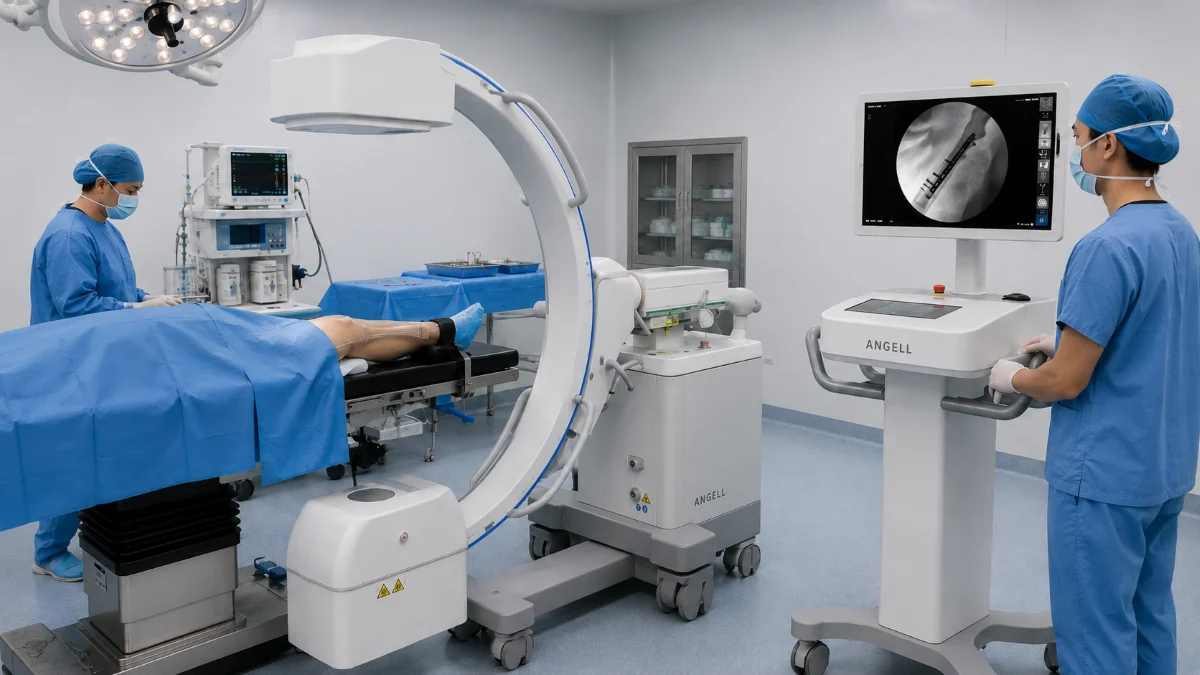 Mobile C-arm positions a slim flat-panel detector beside an operating table for real-time orthopedic fluoroscopy guidance.