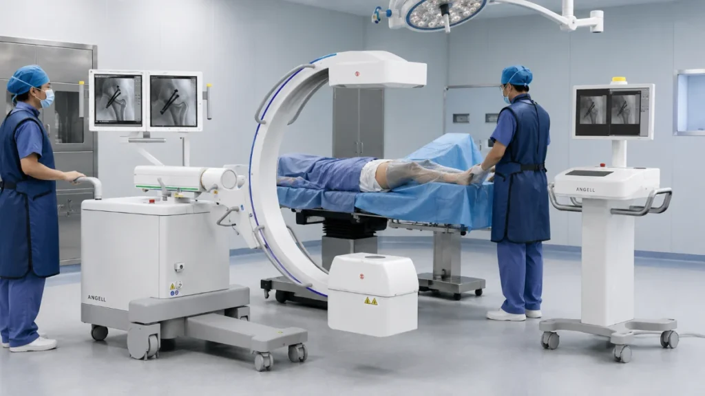 Mobile C-arm surrounds an operating table as clinical staff uses real-time fluoroscopy to check orthopedic implant placement.