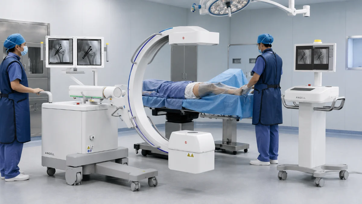 Mobile C-arm surrounds an operating table as clinical staff uses real-time fluoroscopy to check orthopedic implant placement.