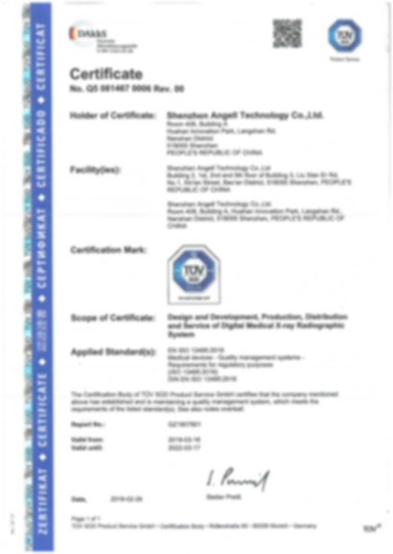 TUV SUD ISO 13485 certificate for Angell medical X-ray radiographic systems