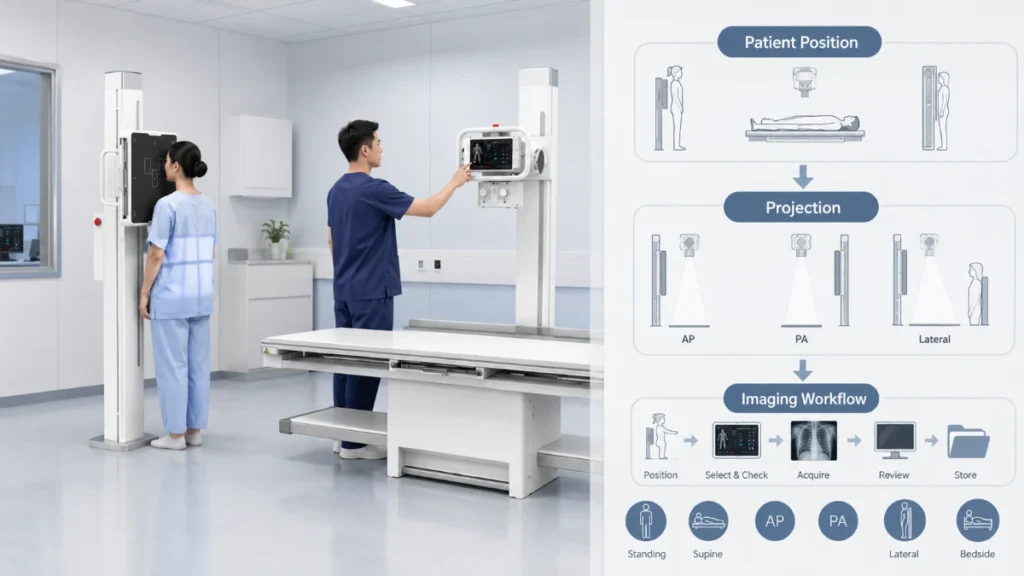 Radiography room showing upright chest positioning and X-ray imaging workflow for AP, PA, lateral, supine, and bedside views
