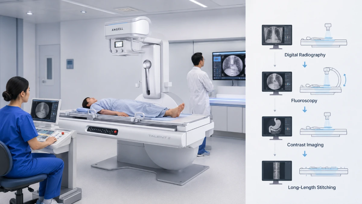Talent II fluoroscopy room showing GI contrast imaging, real-time observation, and long-length stitching workflow scene