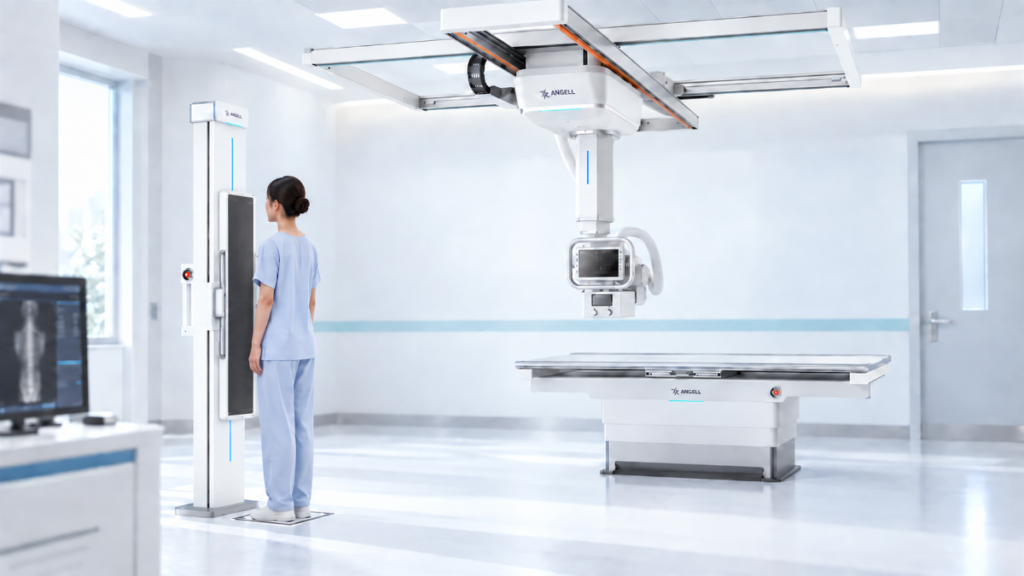 Patient standing beside an ANGELL upright full-length detector in a ceiling-mounted DR room.