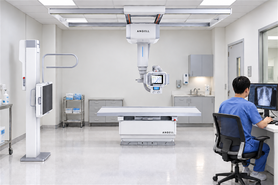 Angell QOMO ceiling-mounted DR system in a modern radiology room with workstation-based image confirmation