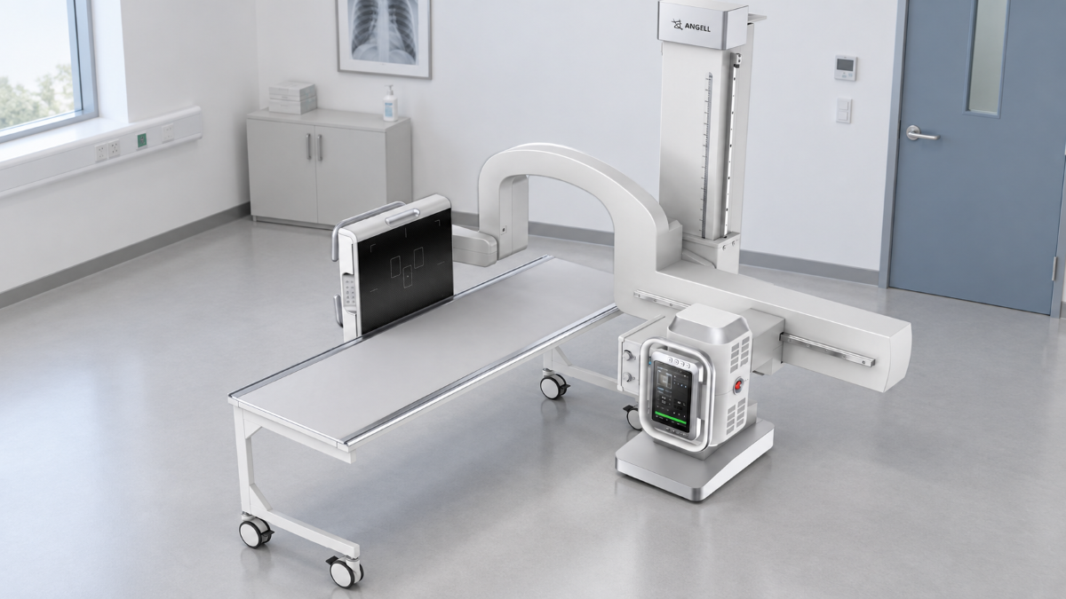 DTP580 UC-arm dynamic DR system in a hospital imaging room, showing the fixed tube-detector structure and examination table.