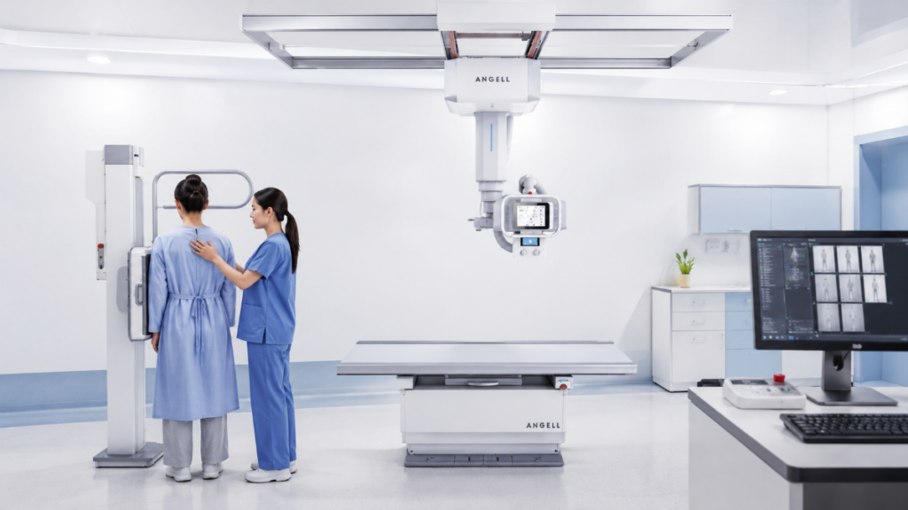 Ceiling-mounted dynamic DR system used in a modern radiography room