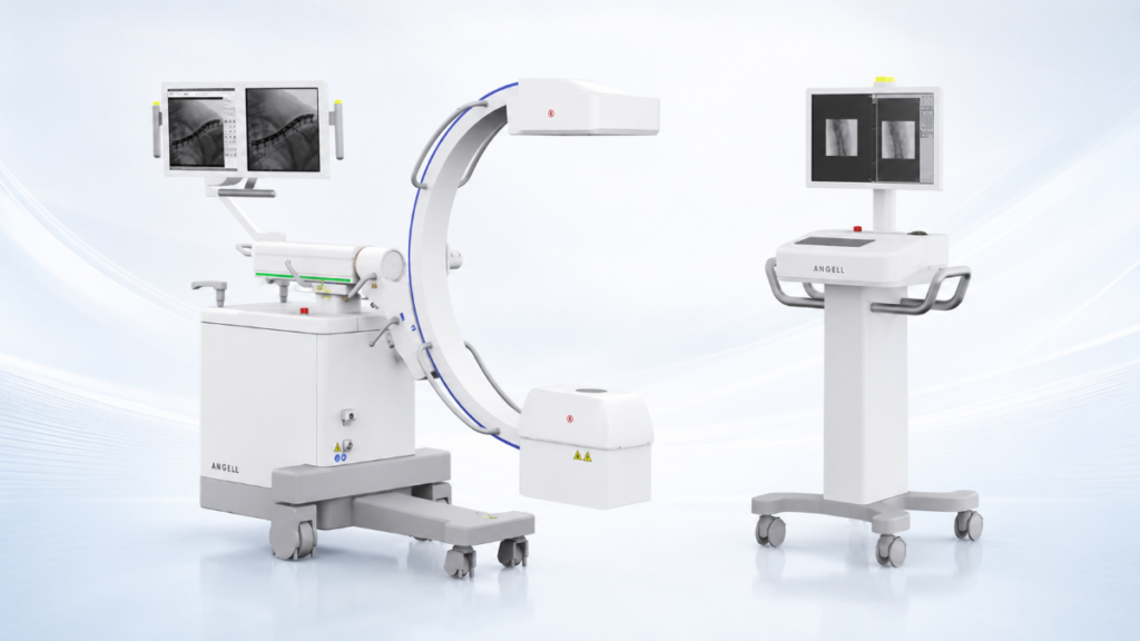 HUA II mobile dynamic FPD C-arm with full C-shaped arm, flat-panel detector, dual monitors, and mobile workstation.