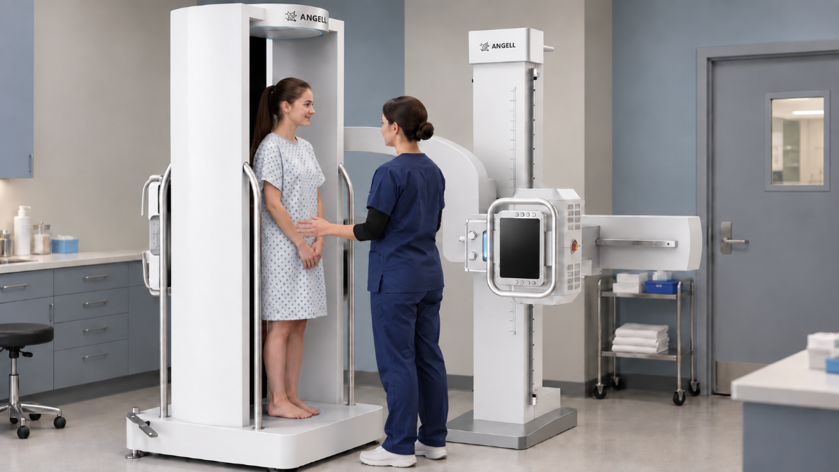 An adolescent stands steadily on the ANGELL WR-3D platform before weight-bearing 3D scoliosis imaging.