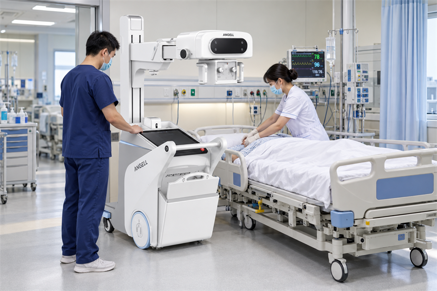 Mobile dynamic DR system positioned beside an ICU bed for emergency and bedside imaging workflow