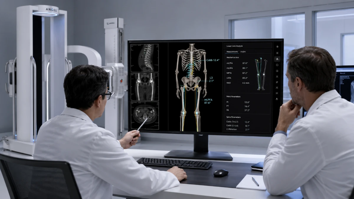 Radiologists review ANGELL WR-3D spine and lower-limb 3D images with Cobb angle and alignment measurements at workstation