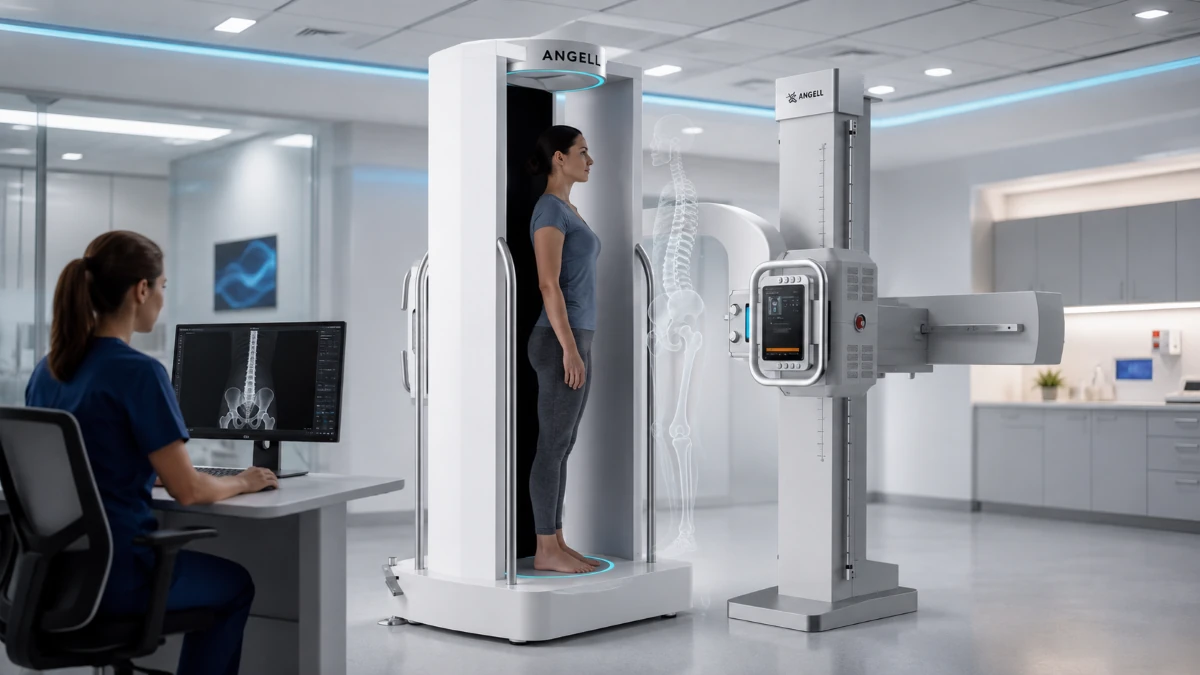 WR-3D scans a standing patient for weight-bearing spine and lower-limb 3D imaging in a modern hospital radiology room