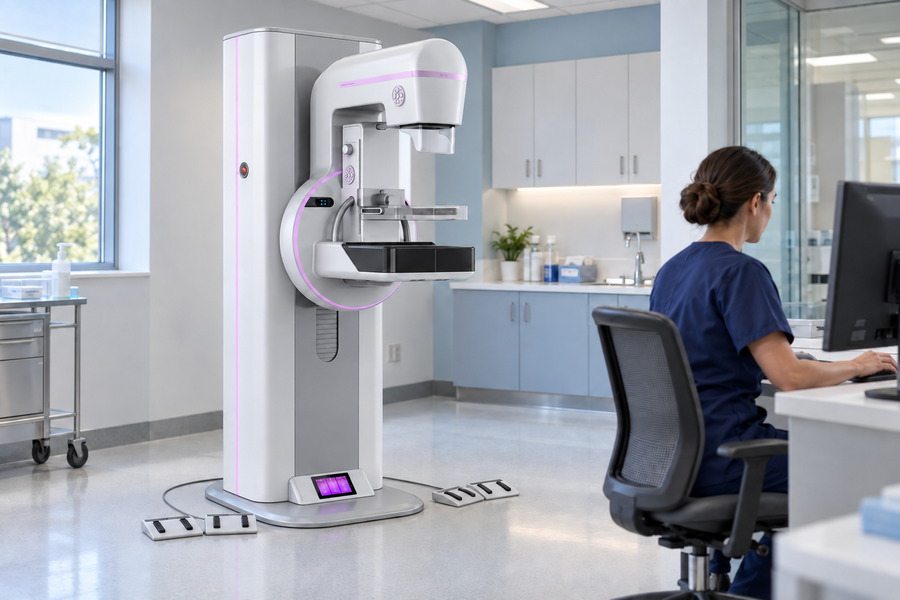 Mammography machine beside a clinician working at an acquisition workstation in a breast imaging room